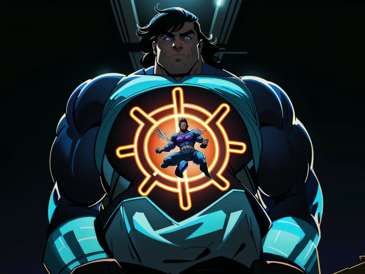 Individual sporting a neon illumination, donning a Disney-inspired jacket design. Individual coated in neon illumination, donning a Disney-inspired jacket design pattern.