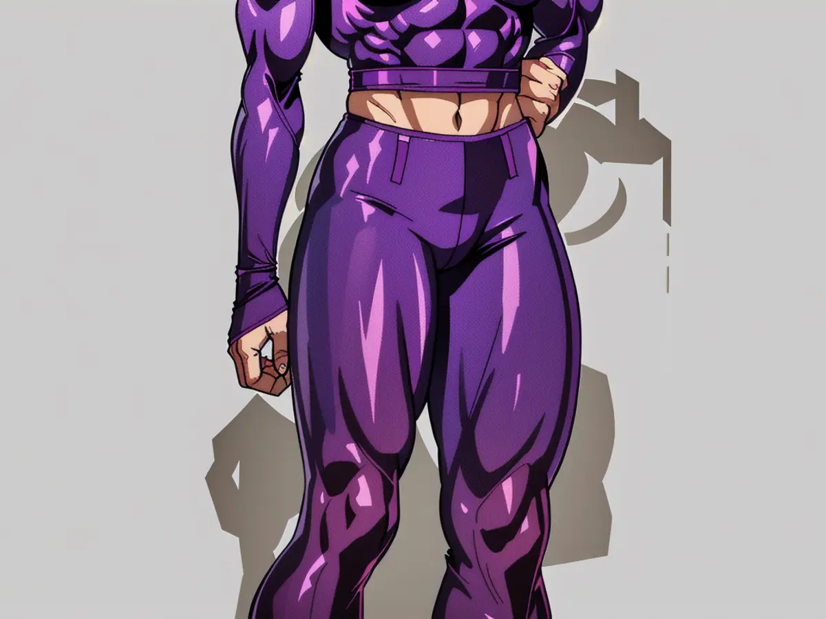 Model dons shimmering, coordinated purple crop top and trousers ensemble. Model donning identical shimmering purple cropped top and trousers combo.