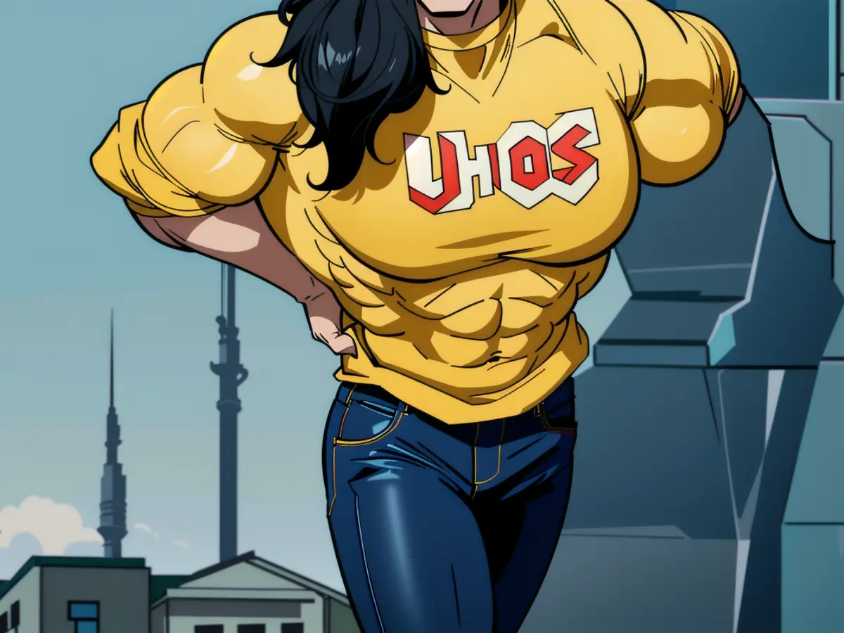 Image of an individual adorned in denim trousers and a sunny yellow blouse. Image showing an individual clad in denim jeans and a sunny yellow top.