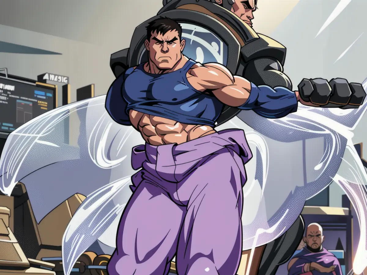 Assessor Donning Purple Slacks Examines Subject Person evaluating while donning purple trousers