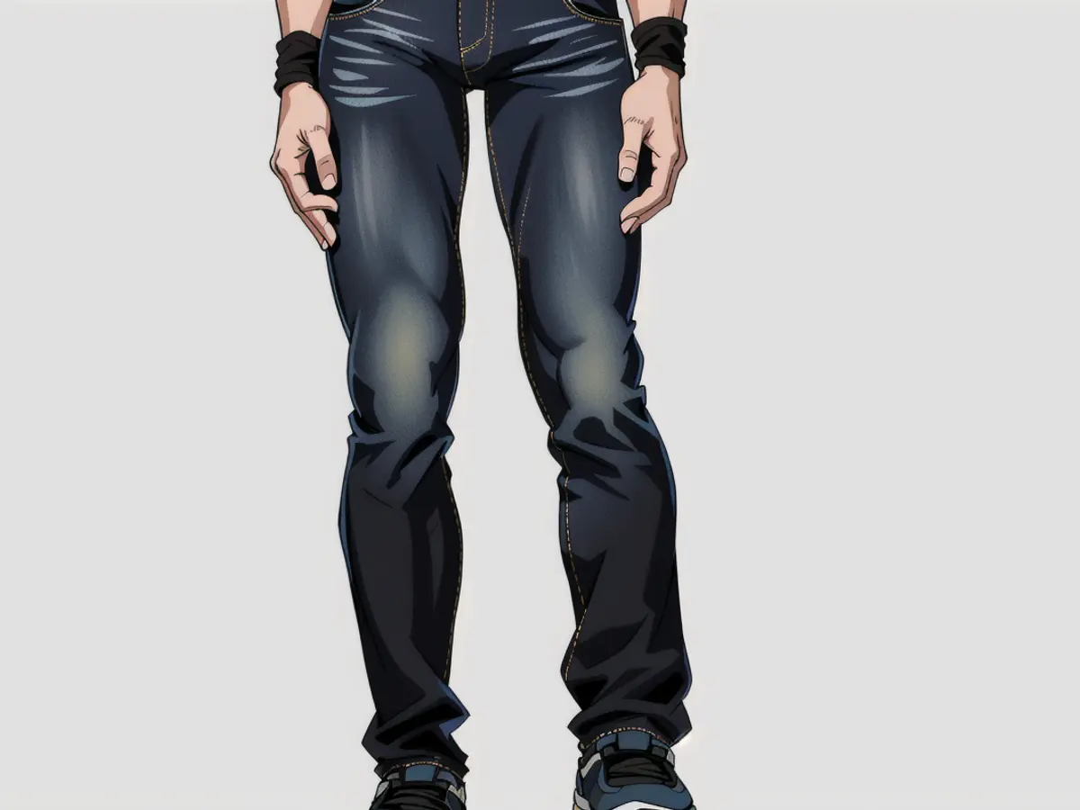 Model sporting elevated black denim trousers Model flaunts tall pairs of dark-hued denim jeans