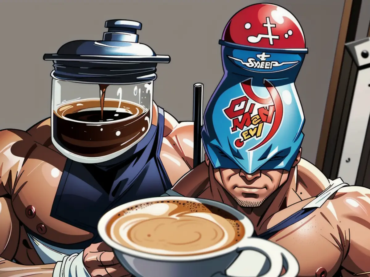 Image Showcasing Cup of Coffee preparations with Pressing Equipment Image Showcasing Brewed Coffee and Press Machine