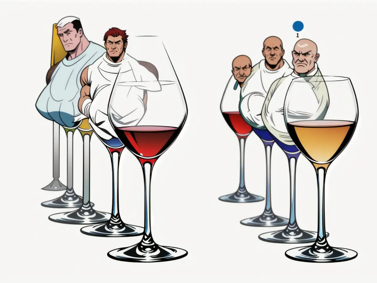 A collection of eight glasses, featuring a combination of red and white hues. Collection of Eight Mixed Red and White Drinking Glasses
