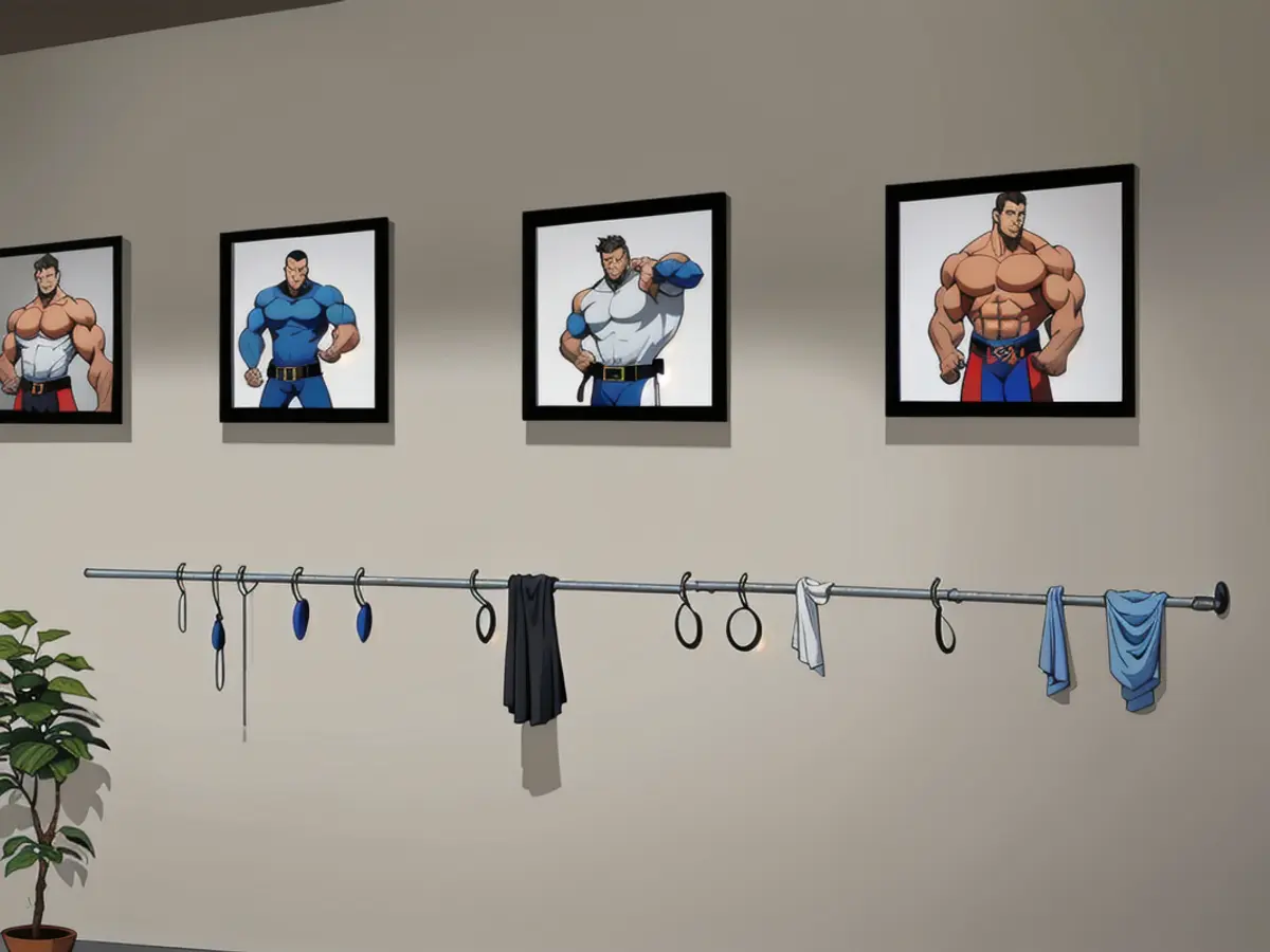 Images shown on a blank wall, adorning the space above multiple coat hangers. Displayed prints on a white backdrop, hanging above several coat hooks