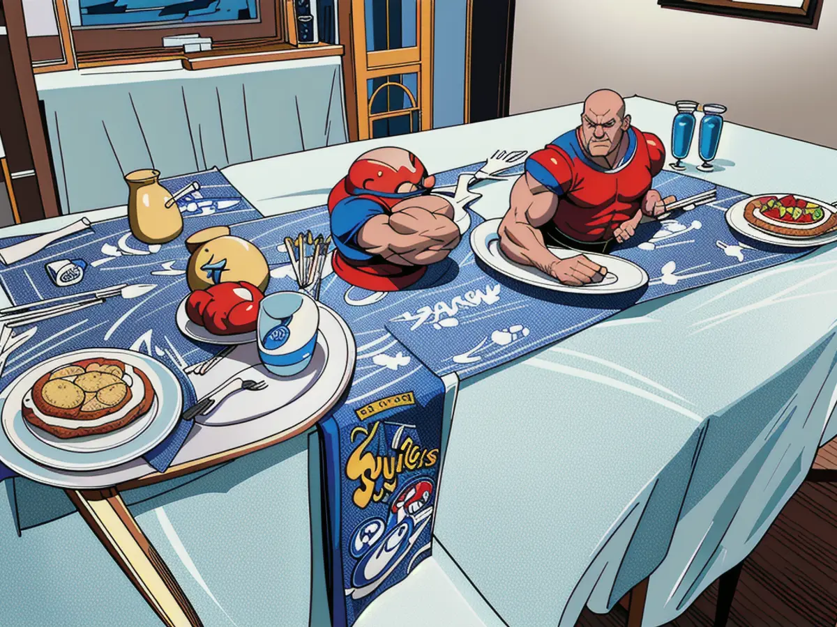 Image showing a table setting with blue and white placemats laid out Table placed with blue and white patterned placemats depicted in reviewer's snapshot