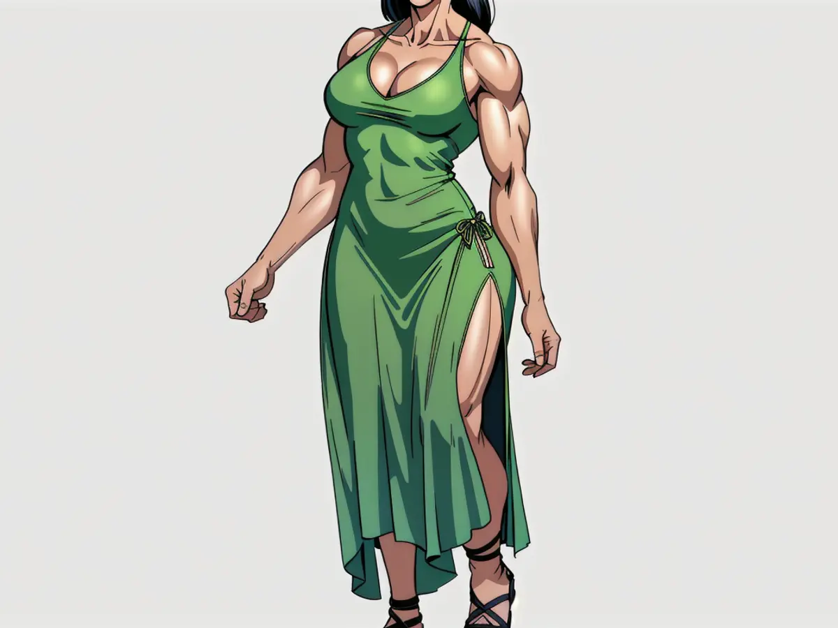 Woman in a sleeveless, V-neck, satin slip dress featuring a slit, complemented by strappy sandals. Slender model donning a revealing, V-shaped, satin slip gown with a side cut, complemented by strappy footwear.