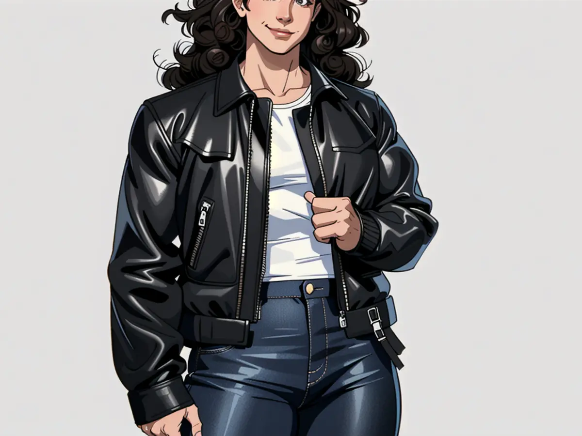 Curvy-haired model strikes a grinning pose, adorning a black leather jacket, white top, and dark skirt, all set against an unadorned backdrop. Curly-haired model sporting a black leather jacket, white blouse, and dark skirt stands grinning in front of a bare backdrop.