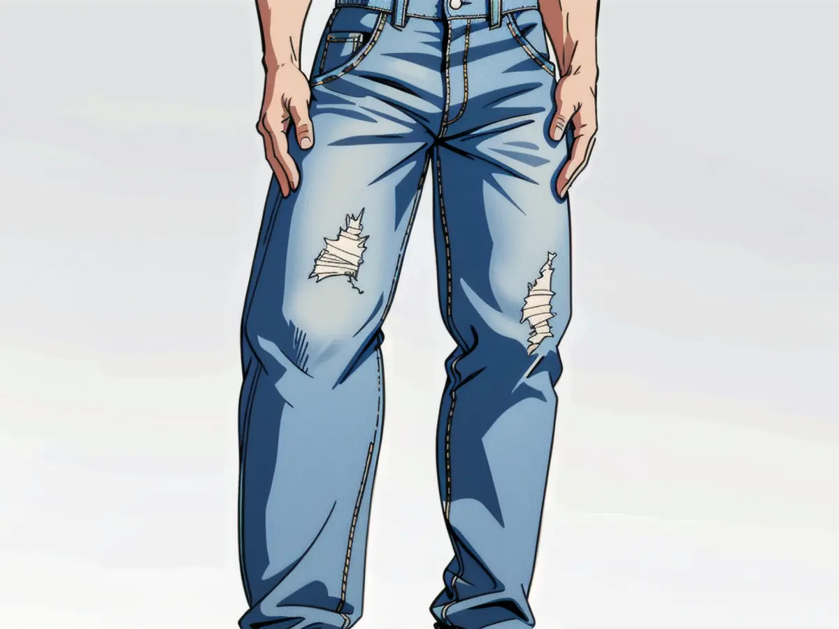 Individual adorning roomy denim trousers and a clean white shirt, posed before a simple backdrop; the loose, laid-back jeans exude a carefree vibe. Individual posing casually against a plain backdrop, donning wide-legged denim jeans and a pristine white top, exuding an air of laid-back elegance.