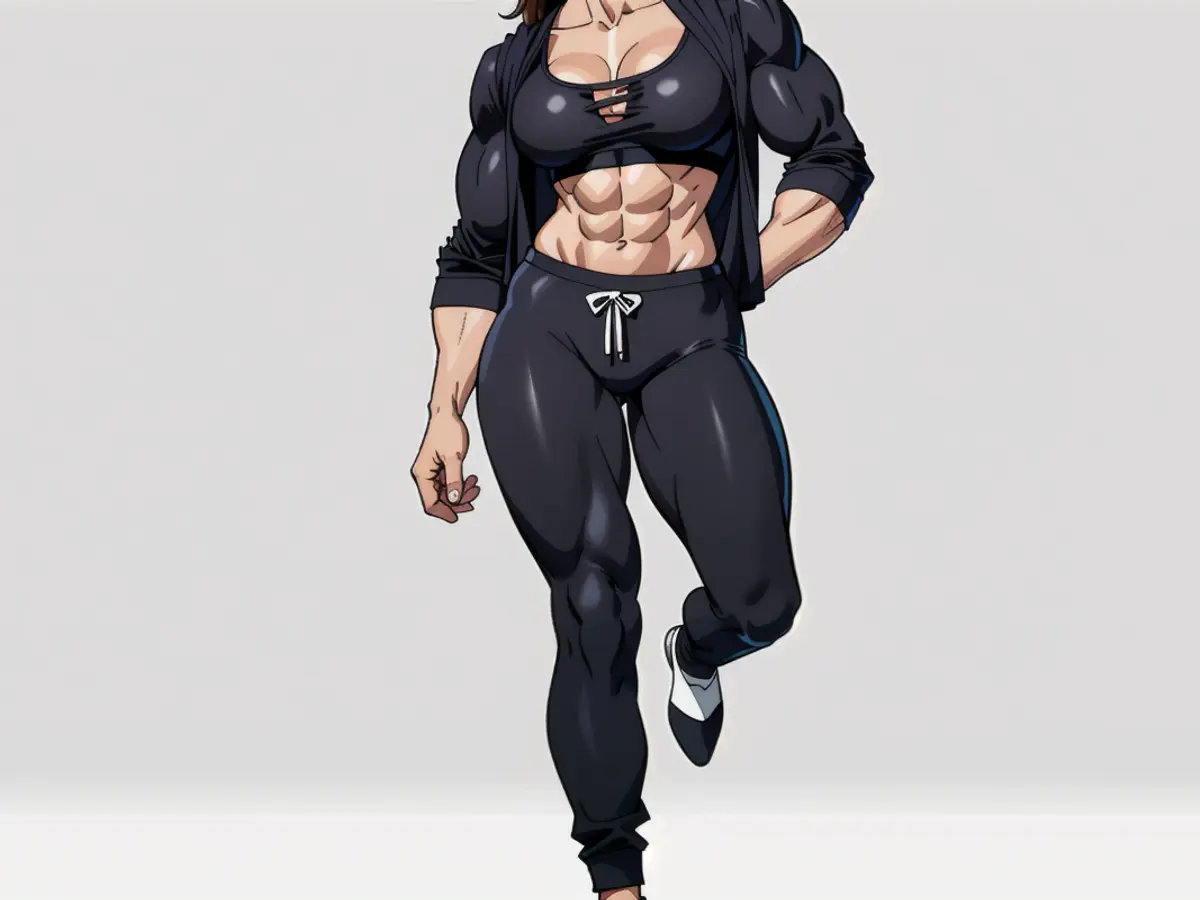 Individual having a self-assured posture, balance on one leg, adorned in casual attire featuring a black bra and jogger set, radiates a warm smile. Individual flaunts stylish black lounge attire, consisting of a bra and joggers, exuding self-assurance as they balance on one leg.