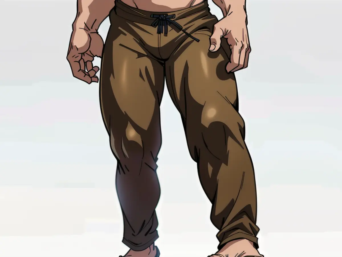 Individual spotted wearing long brown trousers and white sandals. Upper attire partially discernible against a non-descript backdrop. Individual spotted in brown trousers ankle-length, paired with white sandals, with obscured upper attire. Appearing against an unremarkable backdrop.
