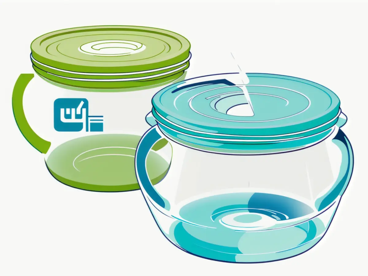 Multi-hued transparent snack containers in shades of green and blue Multi-hued transparent food containers in shades of green and blue.