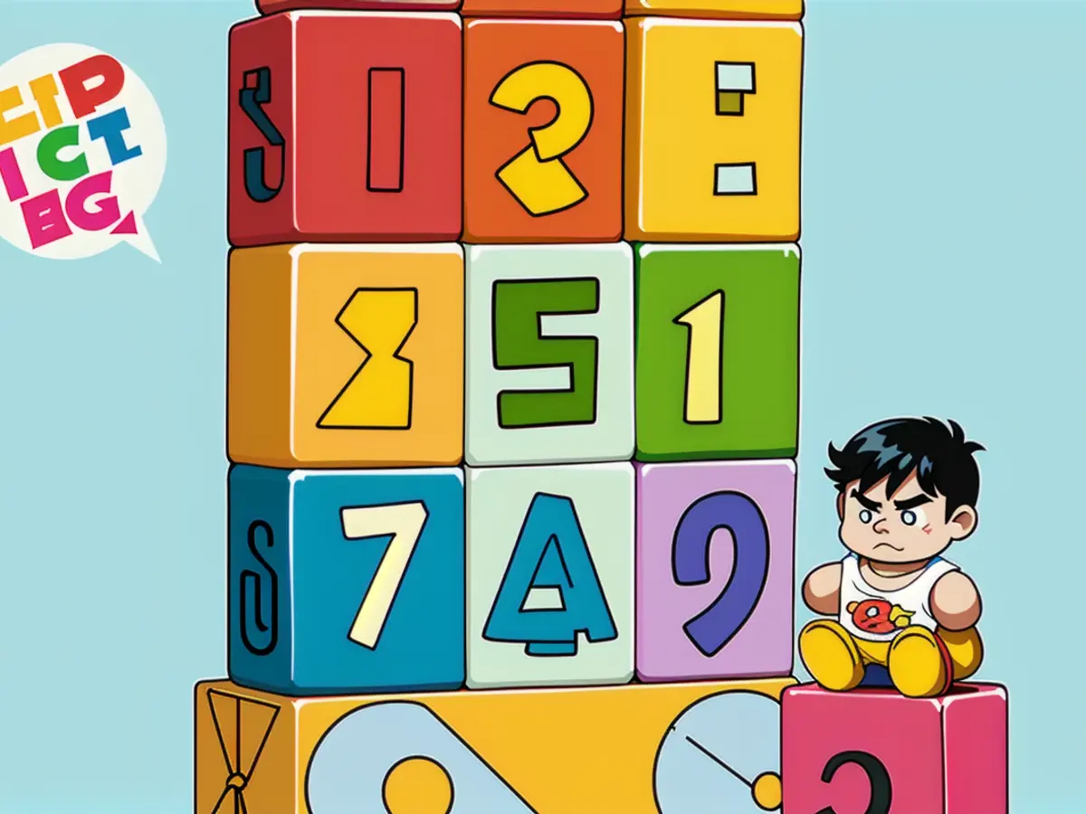 Multicolored Duplo numeric blocks organized on a train, alongside a play figurine. Vibrant Duplo block numbers piled on a train near a play figure.