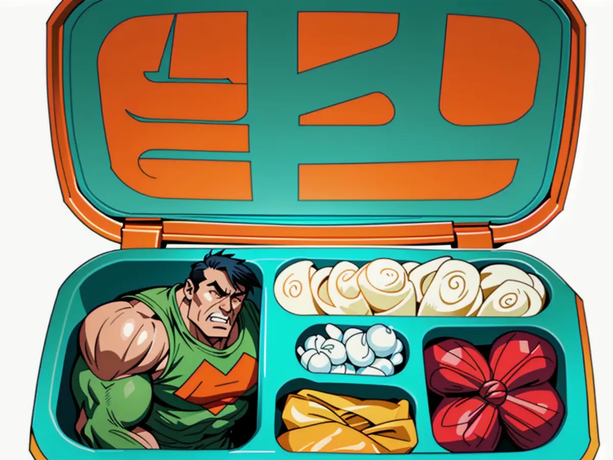 A vibrant-hued bento box unfolded, showcasing a rainbow meal inside. Colorful lunch unveiled from an orange and teal bento box.