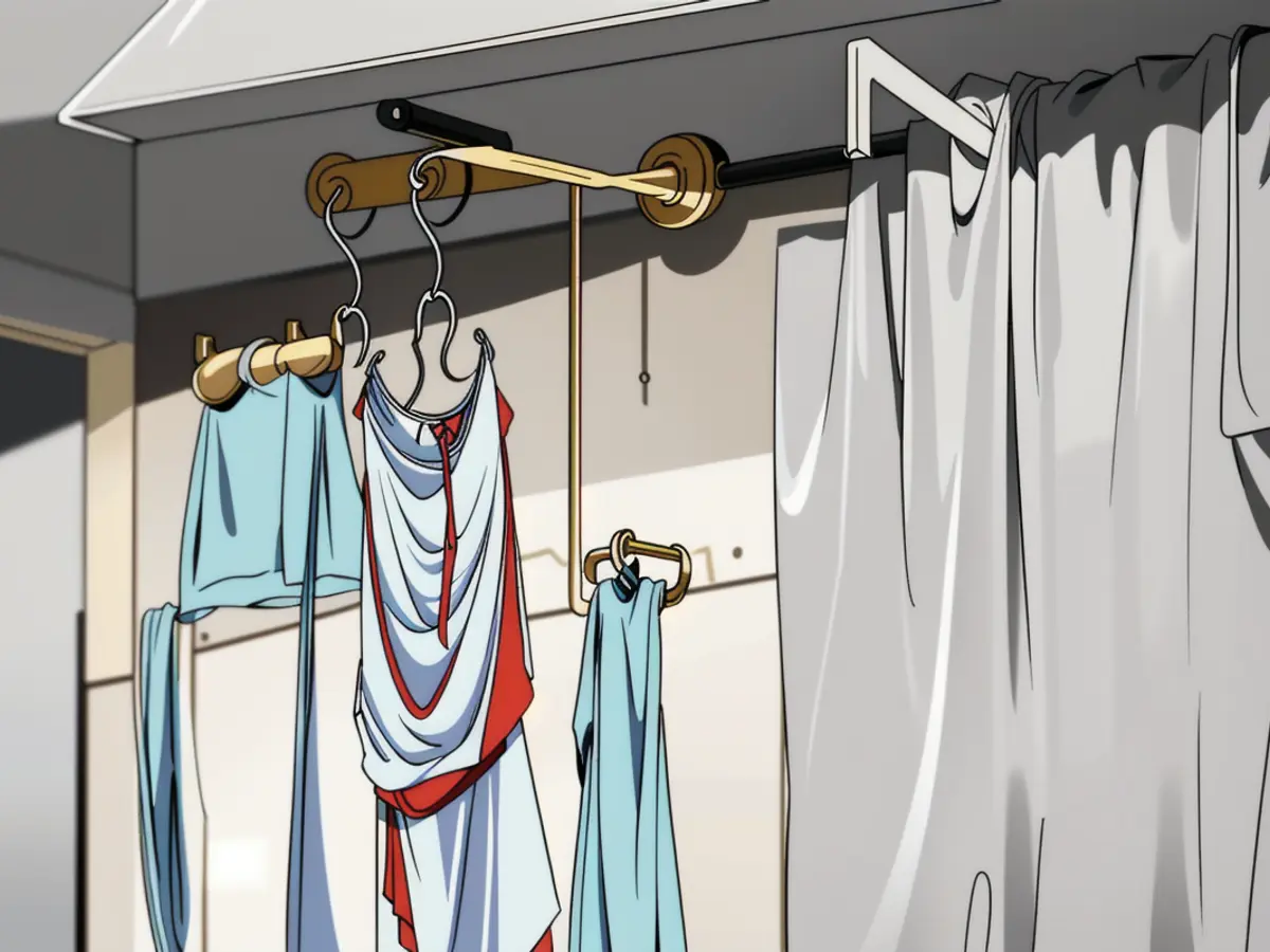 Displays the product with its dual hooks at the base, demonstrating their individual capacities to hang distinct shower curtain and liner components, as indicated by the text: Displaying the item with a focus on its twin lower hooks, capable of independently holding a shower curtain and liner. Indication: