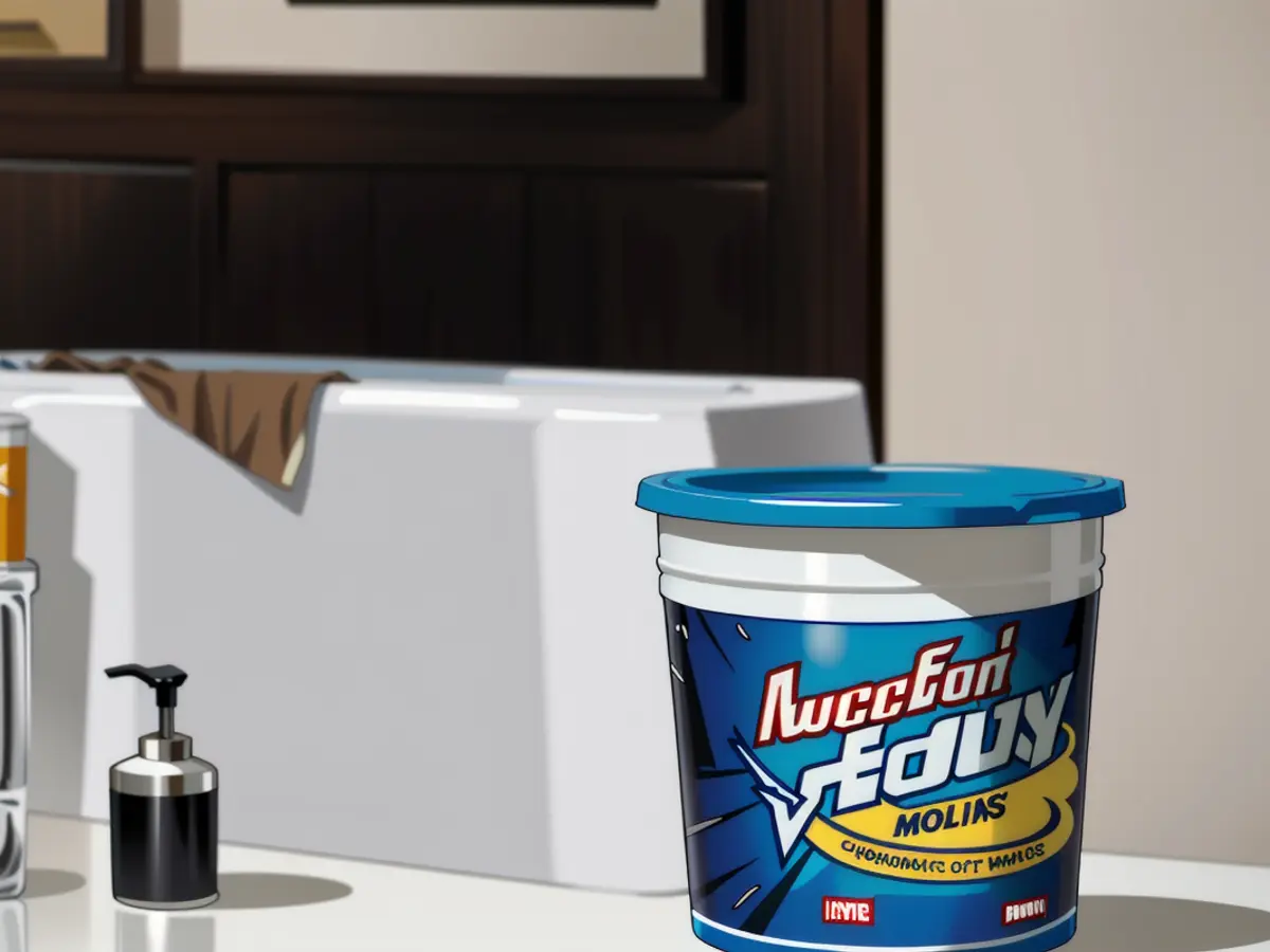 Bathroom counter displaying a container of the item Bathroom counter displays a container filled with the item