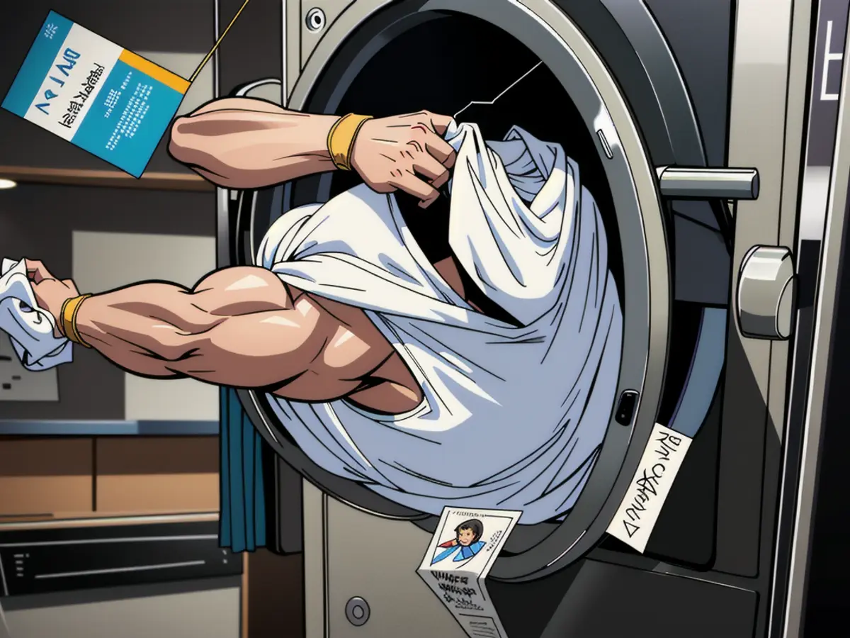User places a set of white square electronic gadgets, attached to their corners, within a washing machine. Laundering white, square gadgets attached at each corner, as depicted by human hands, inside a washer machine.