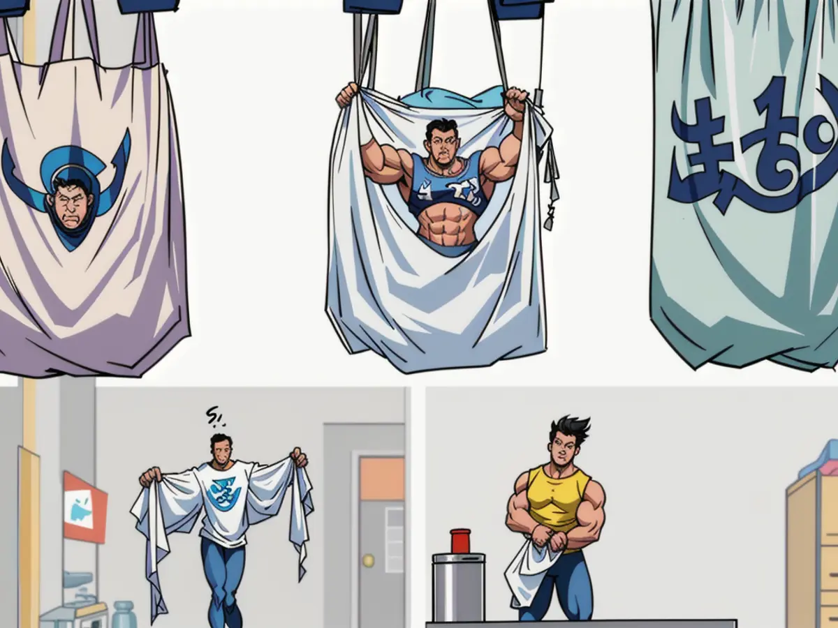 Two detachable sack keepers, depicting an individual tugging a supermarket sack from the lower part of one. Two detachable bag holders, one showing someone tugging a shopping bag from the lower part of one.