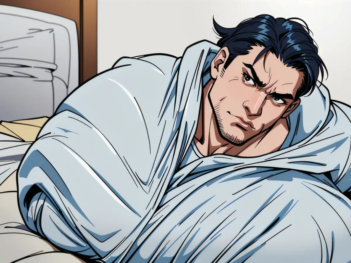 User comfortably nestled beneath a checkered, heavy blanket User snuggled beneath a checkered, heavy blanket