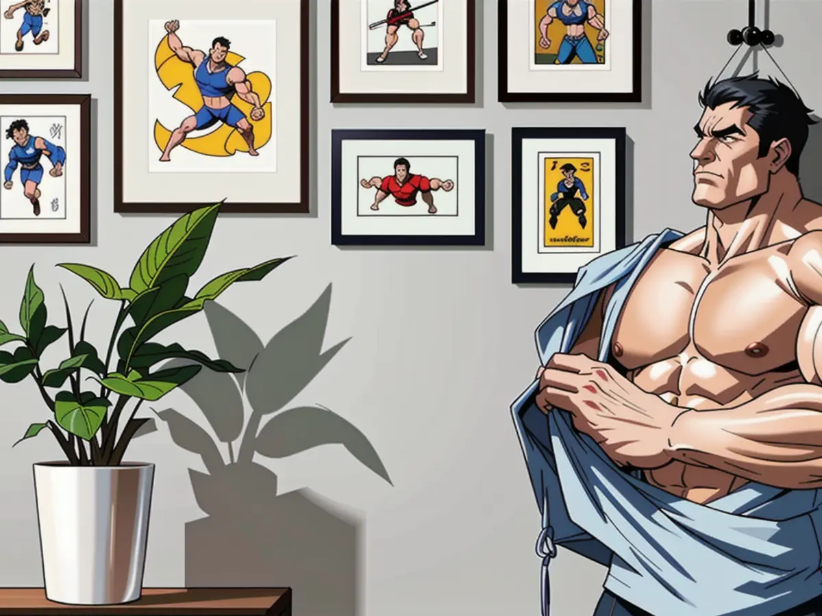 Wall-mounted picture frames display various artworks or photos.