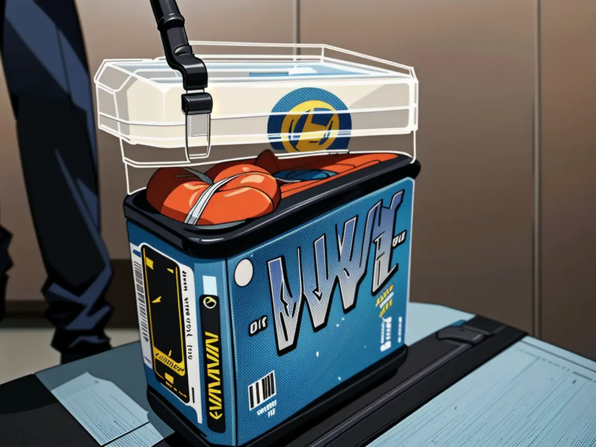 Image of a luggage doubling as a portable drink dispenser, showing two beverages stored within the drink caddy attachment. Suitcase equipped with drink caddy, displaying reviewer-captured images of two beverages housed within.
