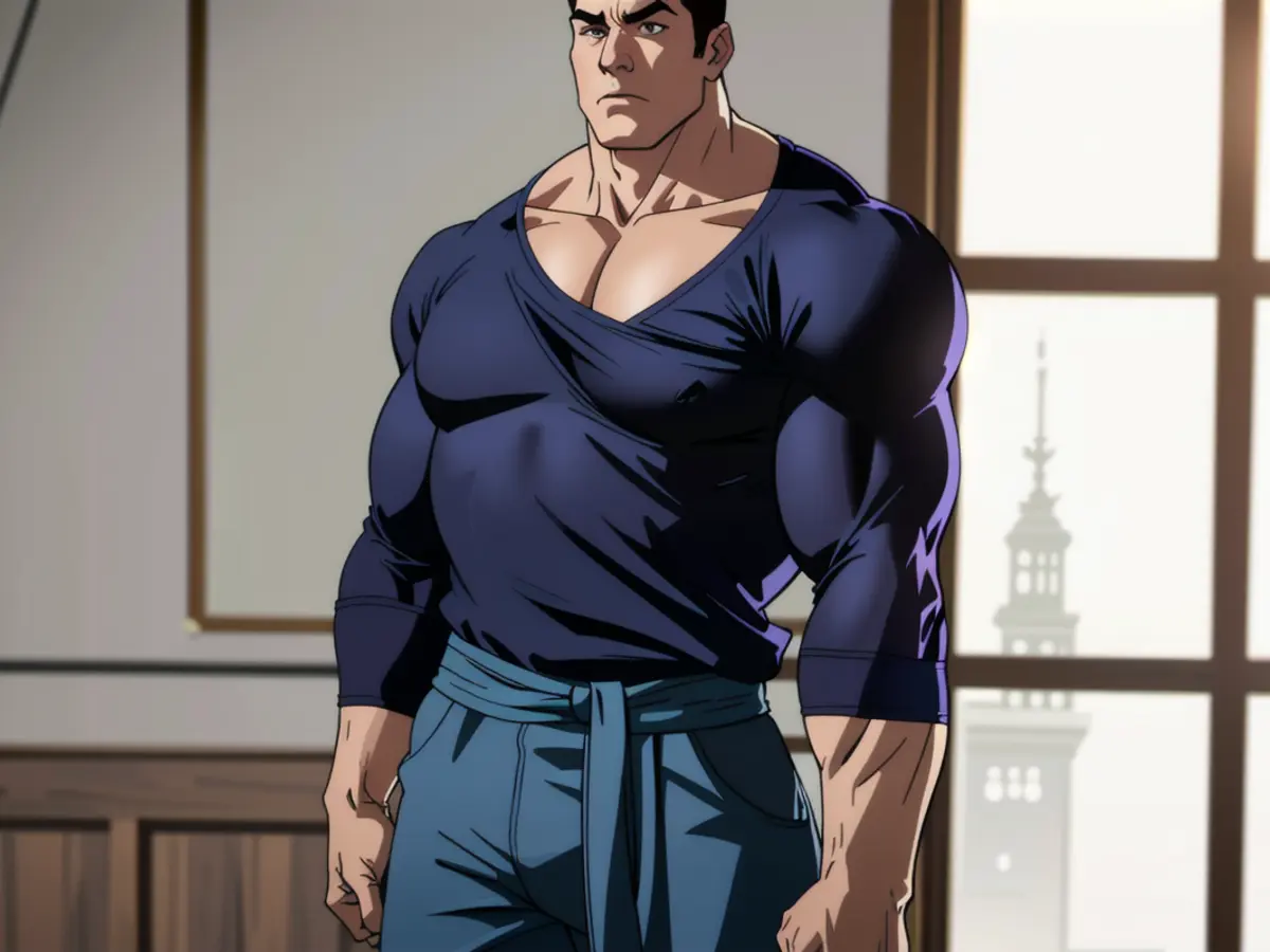 Navy shirt styled as a wrap top with a surplice neckline worn by the model Navy shirt used as a wrap top with a surplice neckline by the fashion model