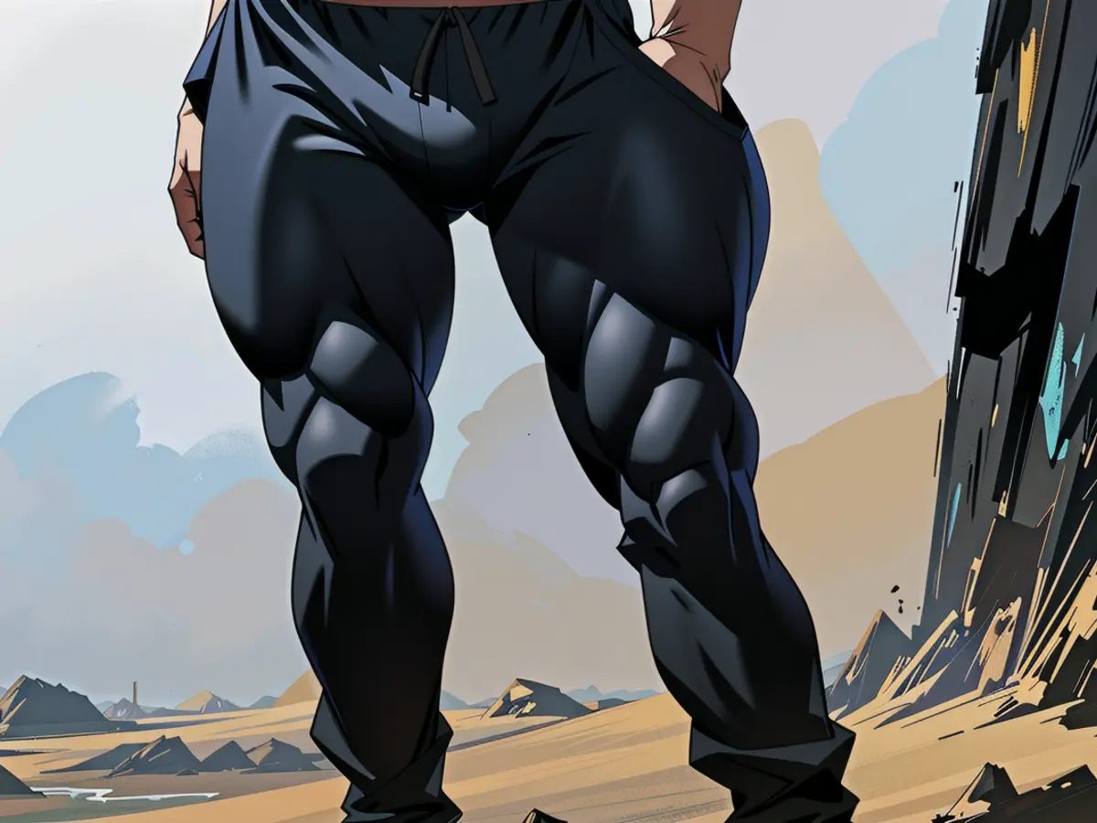 Critique of athletic wear styling: wearing black joggers on the hips with a tucked-in T-shirt Evaluator sporting black joggers worn around the hips and a T-shirt neatly tucked in.