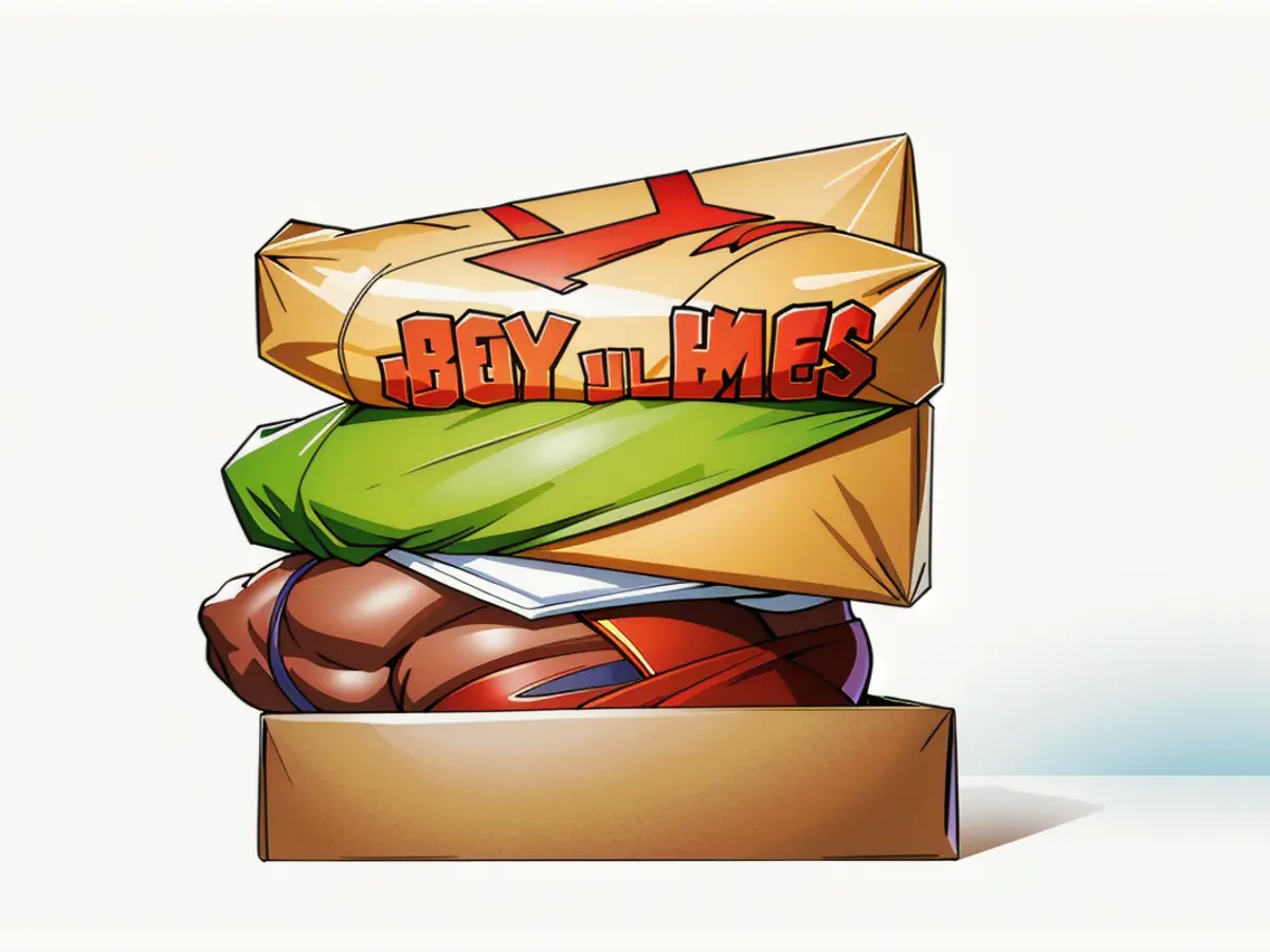 Stacked boxes concealed in wrapping paper, mimicking the appearance of a cheeseburger.