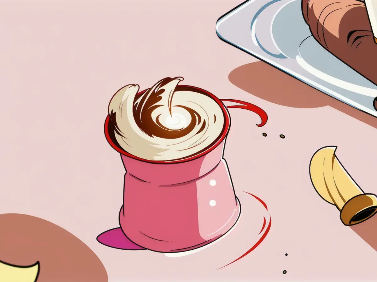Coffee in a mug resting on a pink warming device