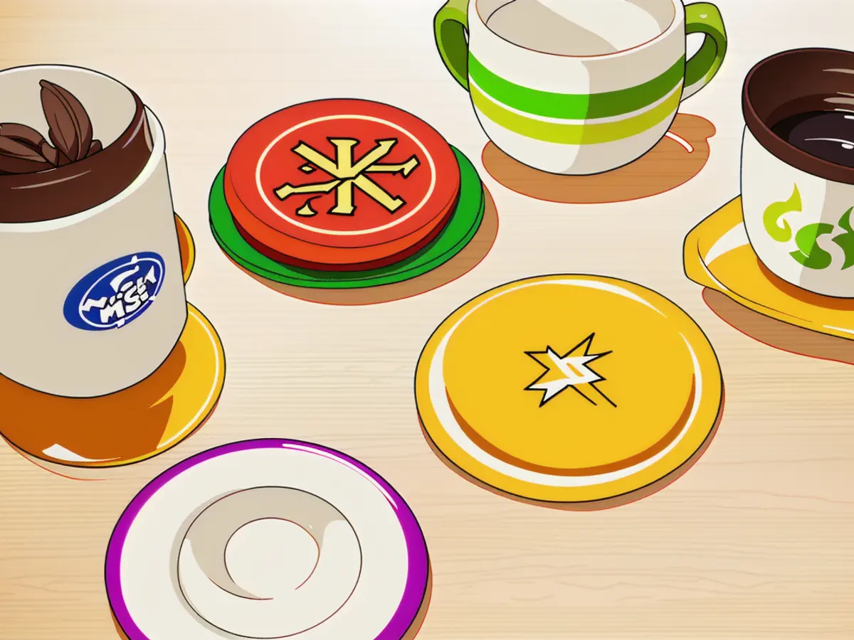 Fruity-themed coasters, adorned with mugs resting atop them in diverse designs.