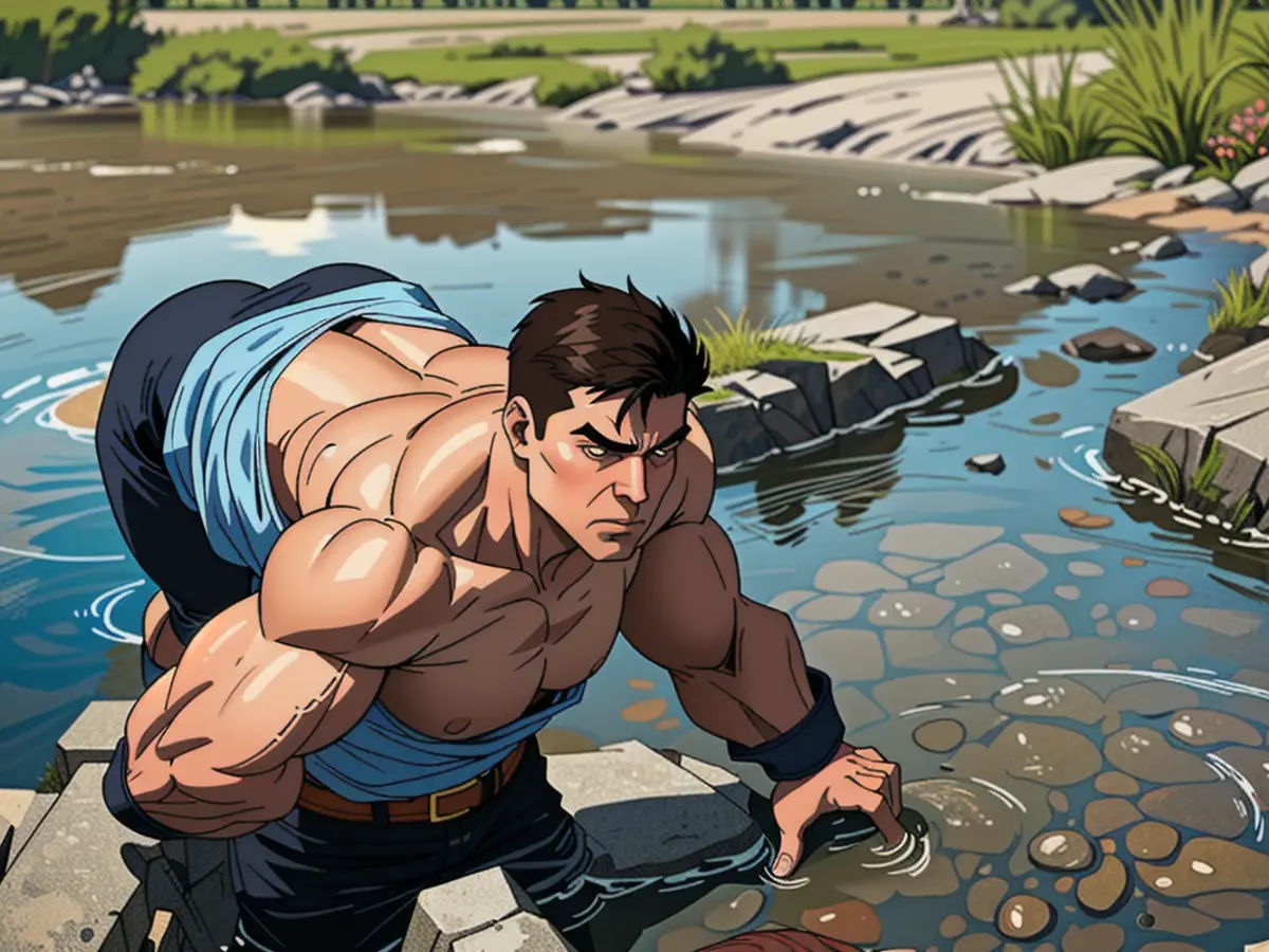 Observer Leaning Over a Brook, Employing a Straw in the Waterbody