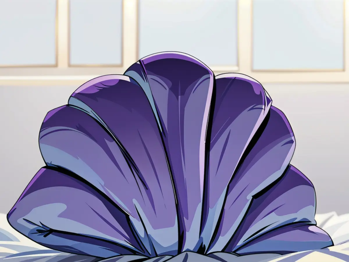 A purplish-hued Seashell Pillow is the subject matter. Purple-hued Seashell Pillow