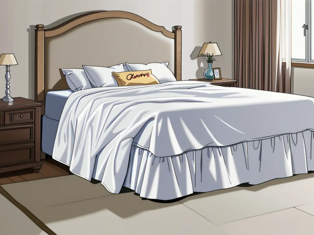 Tidy bedroom showcasing a well-organized bed featuring a bedskirt that conceals items beneath the bed base. Tidy neutral-toned room showcasing a well-kept bed, complete with a bed skirt concealing items below the mattress.