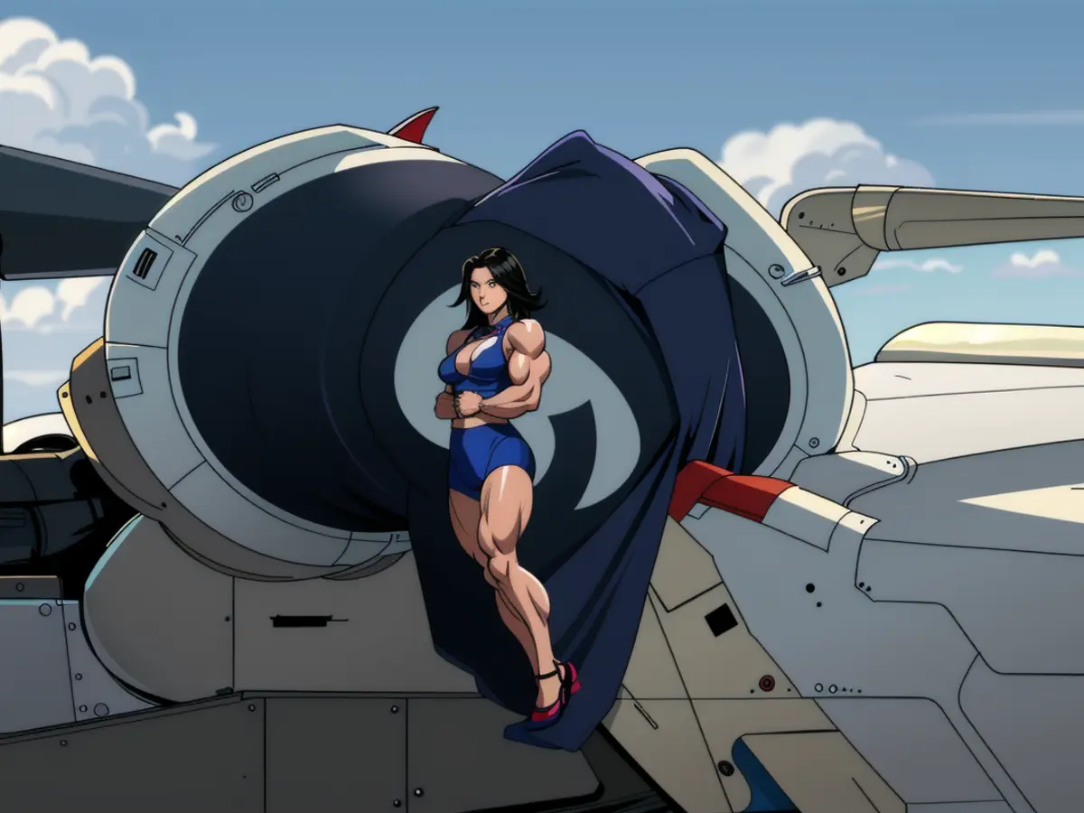 Stewardess striking a pose near airplane engine while donning high heels Airline staff posing by aircraft engine in high-heeled footwear