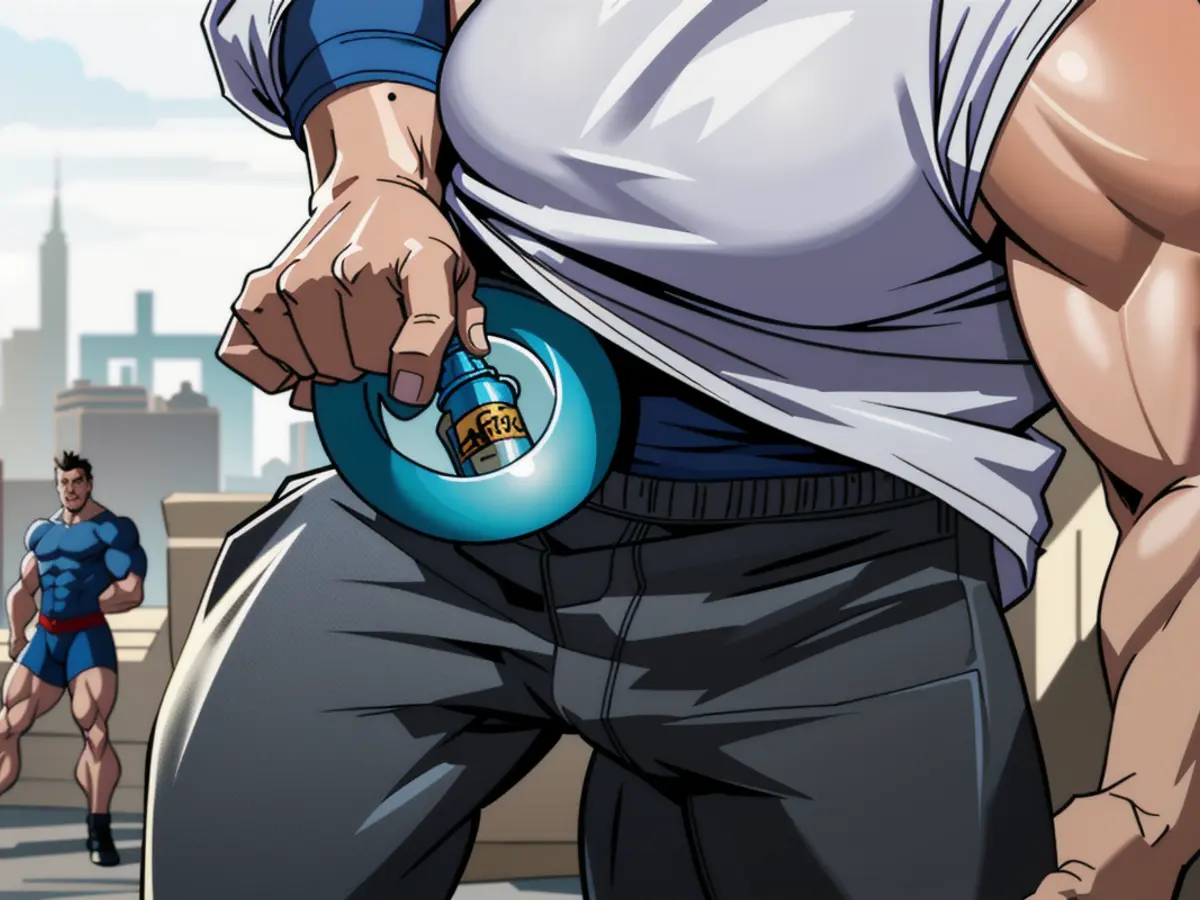 Person carries compact circular bottle, approximately three inches in diameter, and stows it in their pocket. Person puts compact bottle within their pocket, measuring around three inches in diameter.