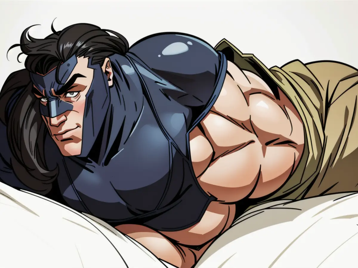 Individual pictured, reclining in bed, dons black eye mask concealing gaze. Individual spotted lounging in bed, concealing eyes with a black mask.