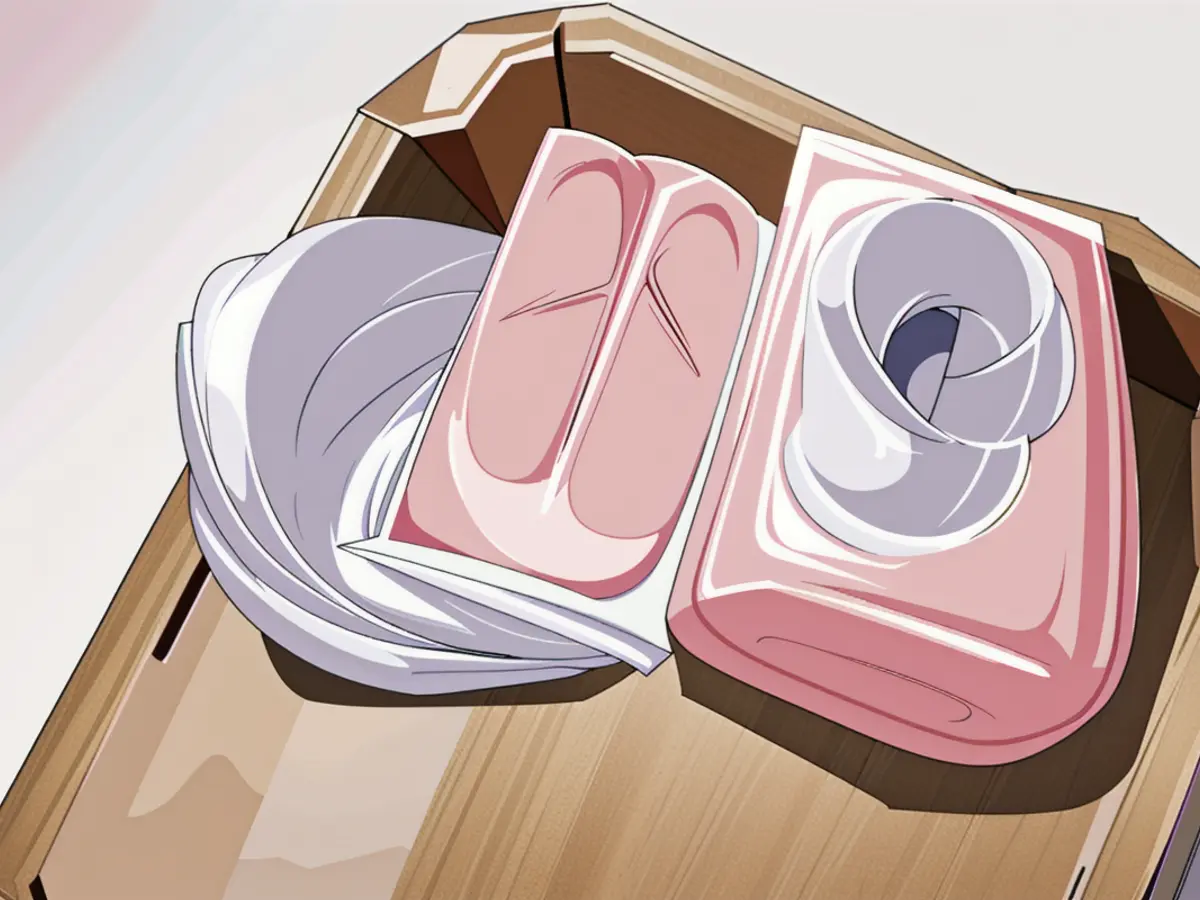Pink container and pink rectangular sheets, roughly equivalent to half a palm's size, identified. Pink compact container and mini pink rectangular sheets, roughly the size of a palm's half, described in detail.