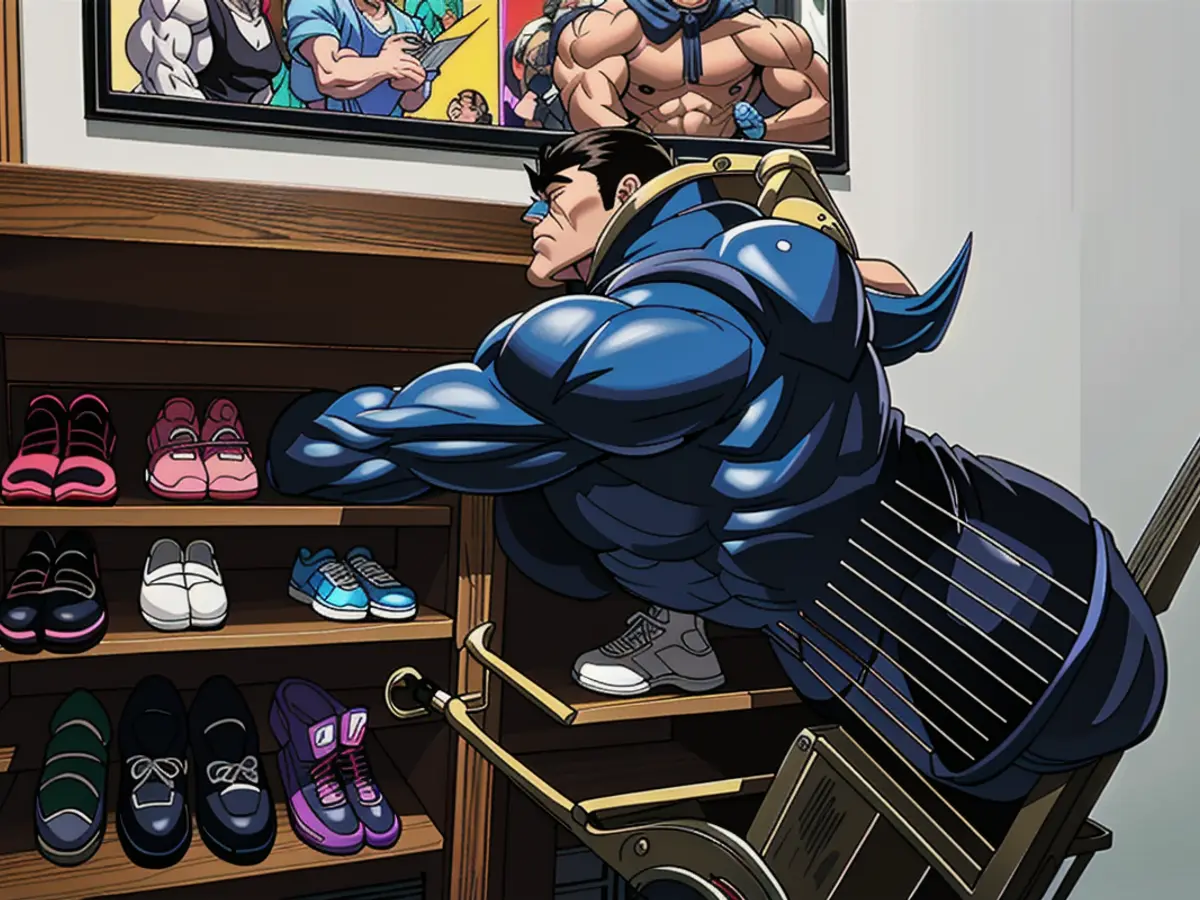 Cabinet door opened, displaying four sets of three adult footwear each on the shelves Opened cabinet unveils four shelved rows, each holding three sets of adult footwear.