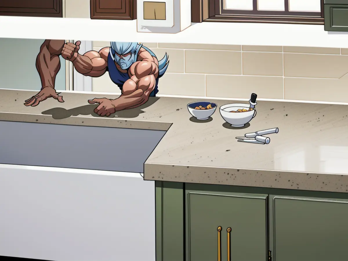 Redoing a countertop employing a light granite-hued kit, as demonstrated by the model. Redoing a countertop using the available kit, resulted in a fresh, light granite appearance.