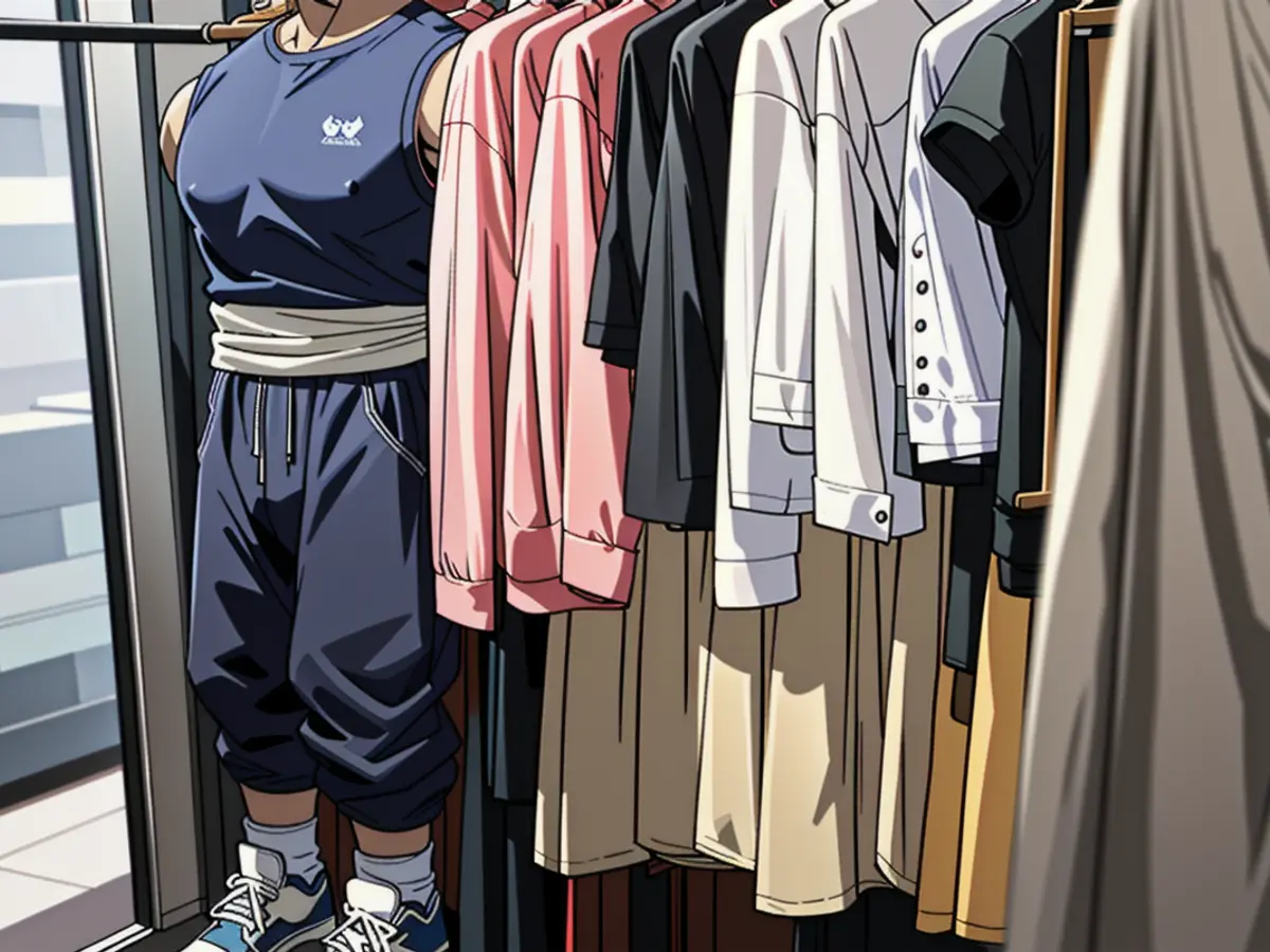 Clothes and footwear arranged on a black garment rack, featuring both hanging and folded items. Rack filled with black attire, sporting hanging garments, stacked folds of clothes, and assorted footwear