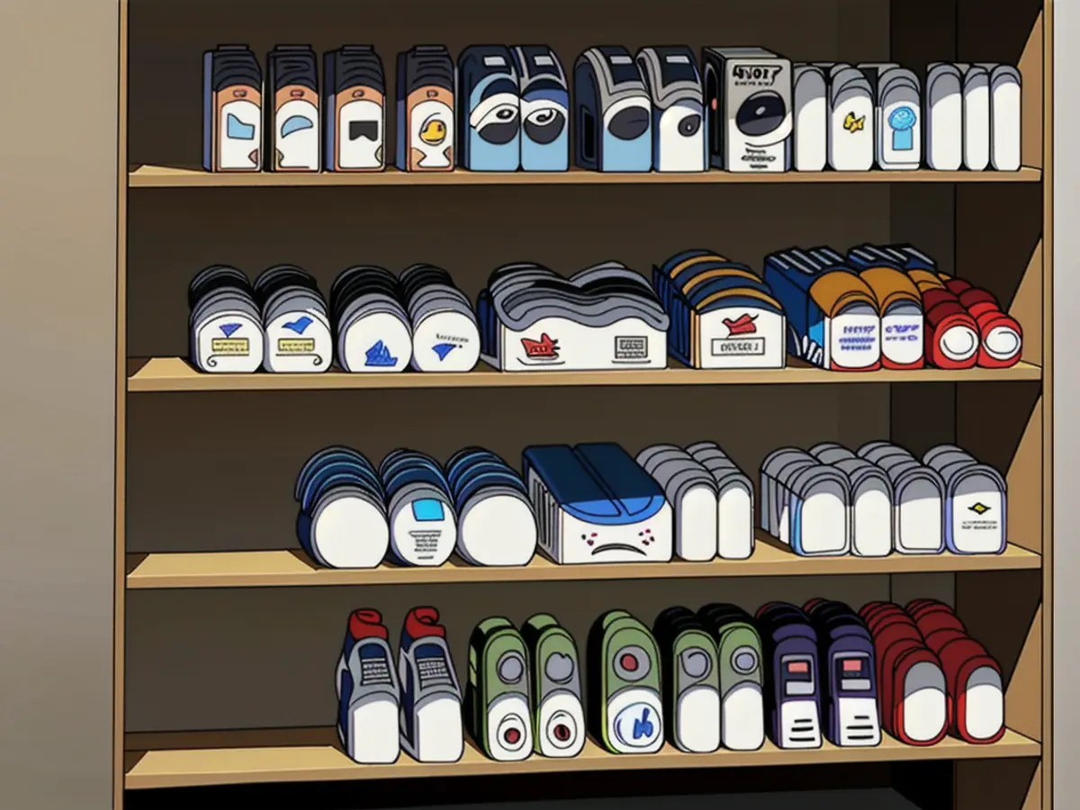 Shoe review featuring a cluttered shelving unit, filled with stacks of footwear arranged using white organizers. Shelving unit filled with numerous shoes, neatly stacked using white organizers, demonstrated by the reviewer