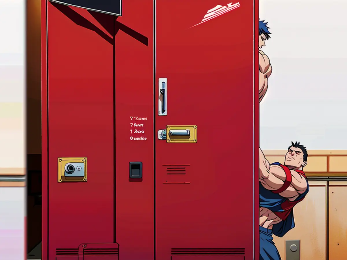 Large, vertical, red-hued storage unit with two swing doors Giant, Vertical Red Lockers with Two Doors