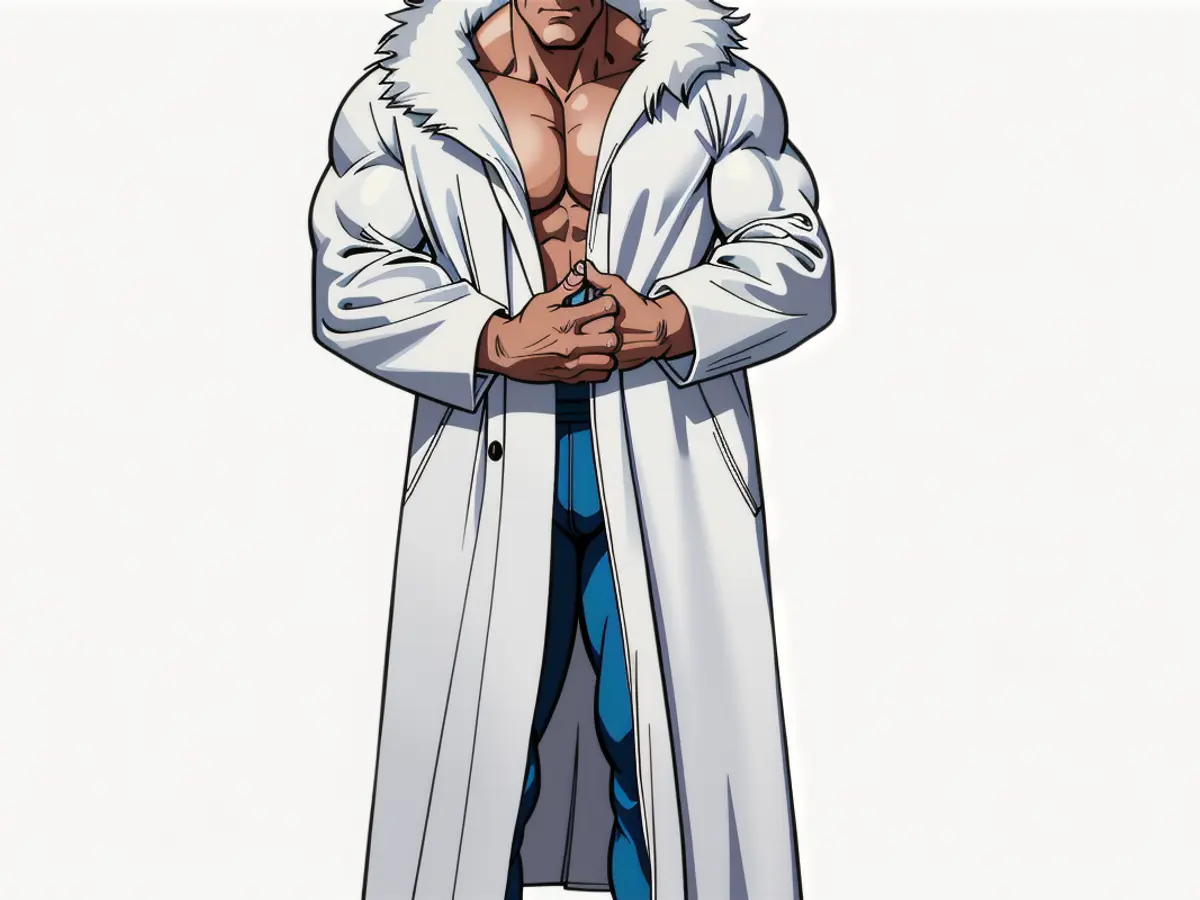 Oversized, lengthy white synthetic fur coat donned by fashion model Giant, prolonged white imitation fur coat adorns fashion model.