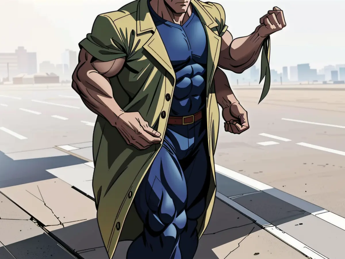 Individual adorned in a coat traversing the roadway Individual sporting a jacket casually strolling across the road