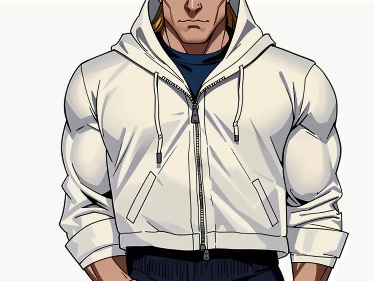 Person donning a cream-hued jacket with its hood removed and partially undone. Model showcasing a cream hooded jacket, lightly zipped and without its hood on.