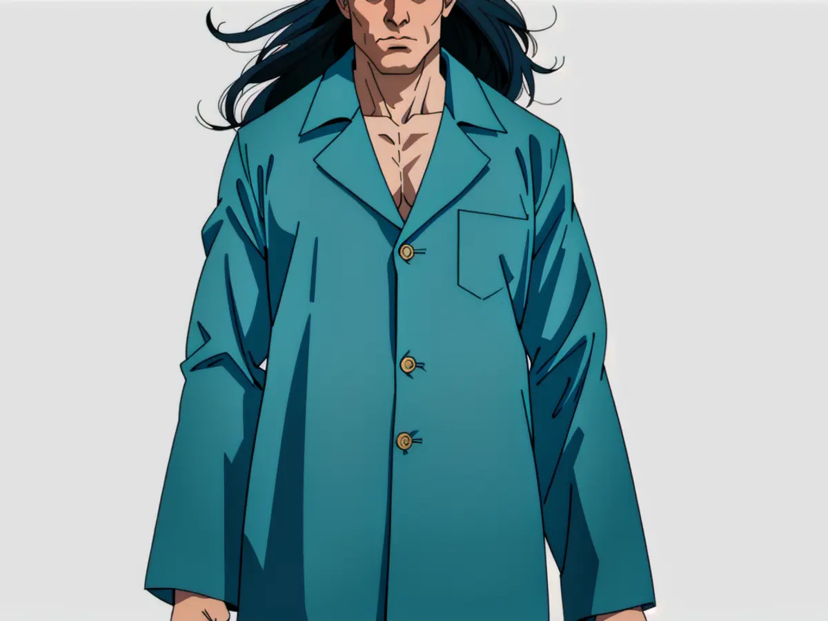 Model sporting an oversized button coat in striking teal blue and black hues. Individual sporting a oversized, buttoned coat in striking teal blue and black hues.