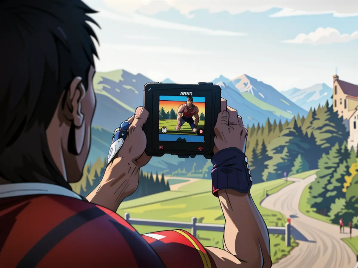 An individual, clad in a plaid shirt, captures a picturesque panorama through an old-fashioned camera's peephole. An individual, wearing a red plaid shirt, frames a stunning vista with an old-fashioned camera's viewfinder.