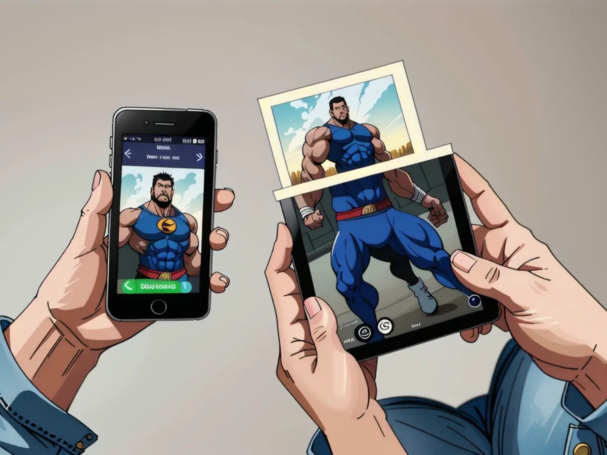 Smartphone in hand and an instant photo printer in action, the device transmits the same image onto a printout. Smartphone and printer in action, printing an identical image that's currently visible on the phone's screen.