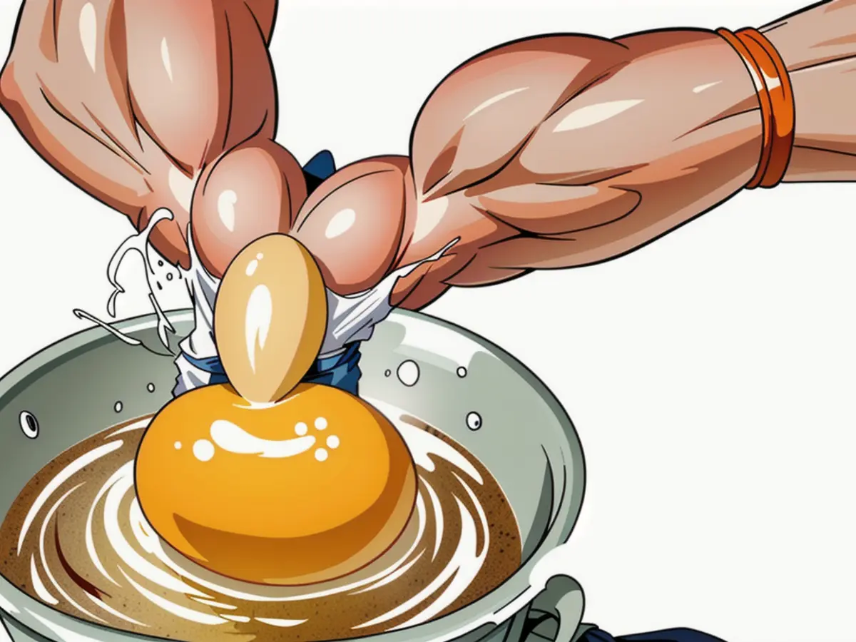 Egg being cracked into a simmering poacher within a boiling pot of water