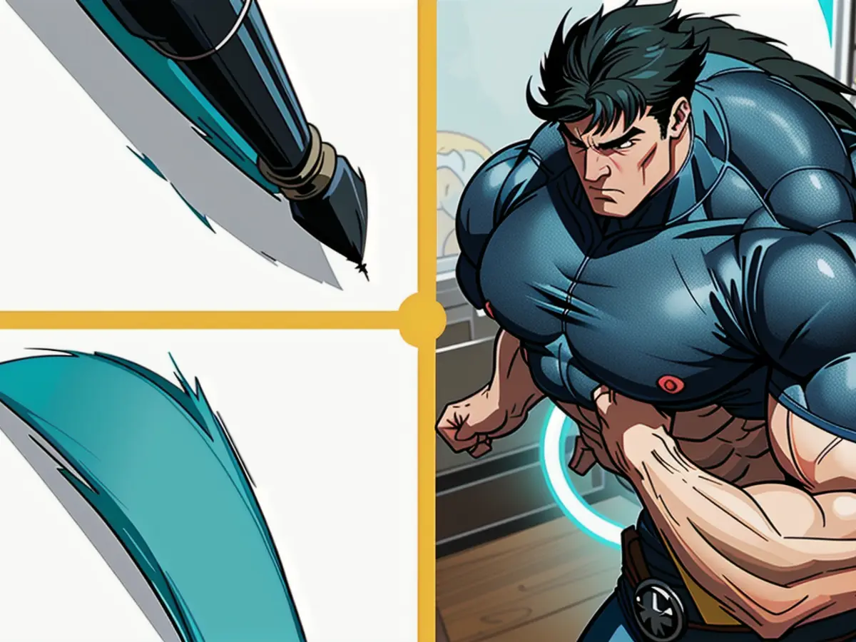 A collection of images, featuring a teal-tinted brush and the reviewer's untouched tresses.