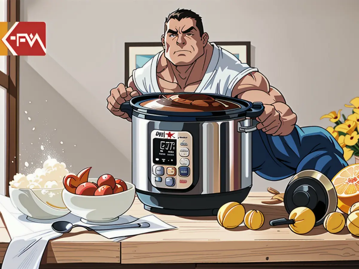 Countertop features an Instant Pot, surrounded by diverse cooking ingredients and a discarded wooden utensil.